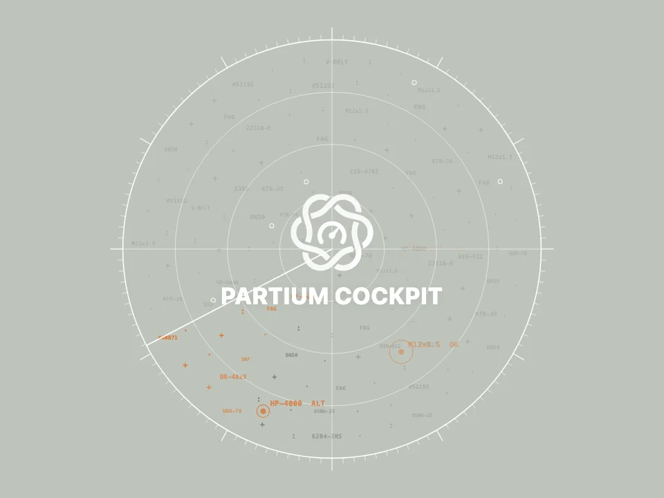 Partium Cockpit: a radar sweeping a field of part numbers, surfacing the parts that need attention