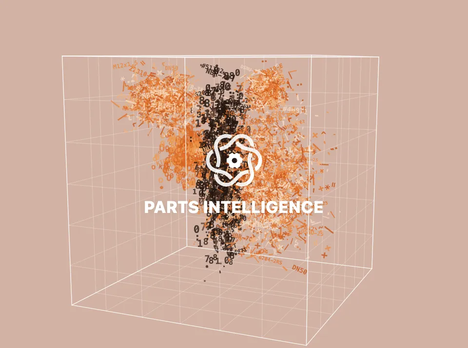 Partium Parts Intelligence: a wire cube holding clusters of part numbers that turn slowly