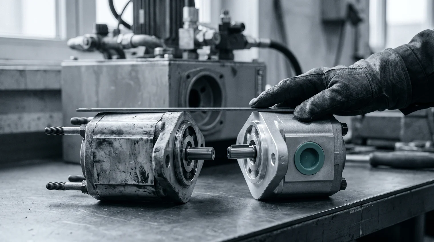 A worn gear pump and a new alternative from another maker standing flange to flange on a workshop bench, a gloved hand laying a straightedge across both