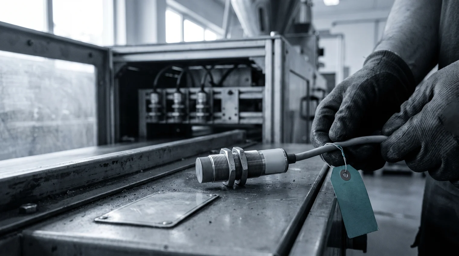 An inductive proximity sensor with a worn-blank label lying on the opened guard of a packaging machine, gloved hands holding its cable, the row of sensors behind