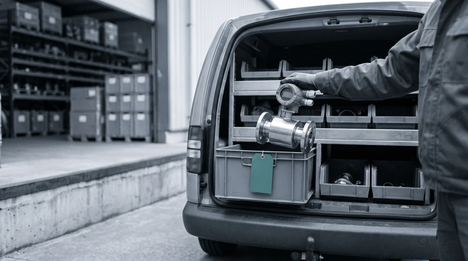A field service engineer's gloved hand lowering an electromagnetic flow meter into a parts bin in the back of a service van at the warehouse loading dock