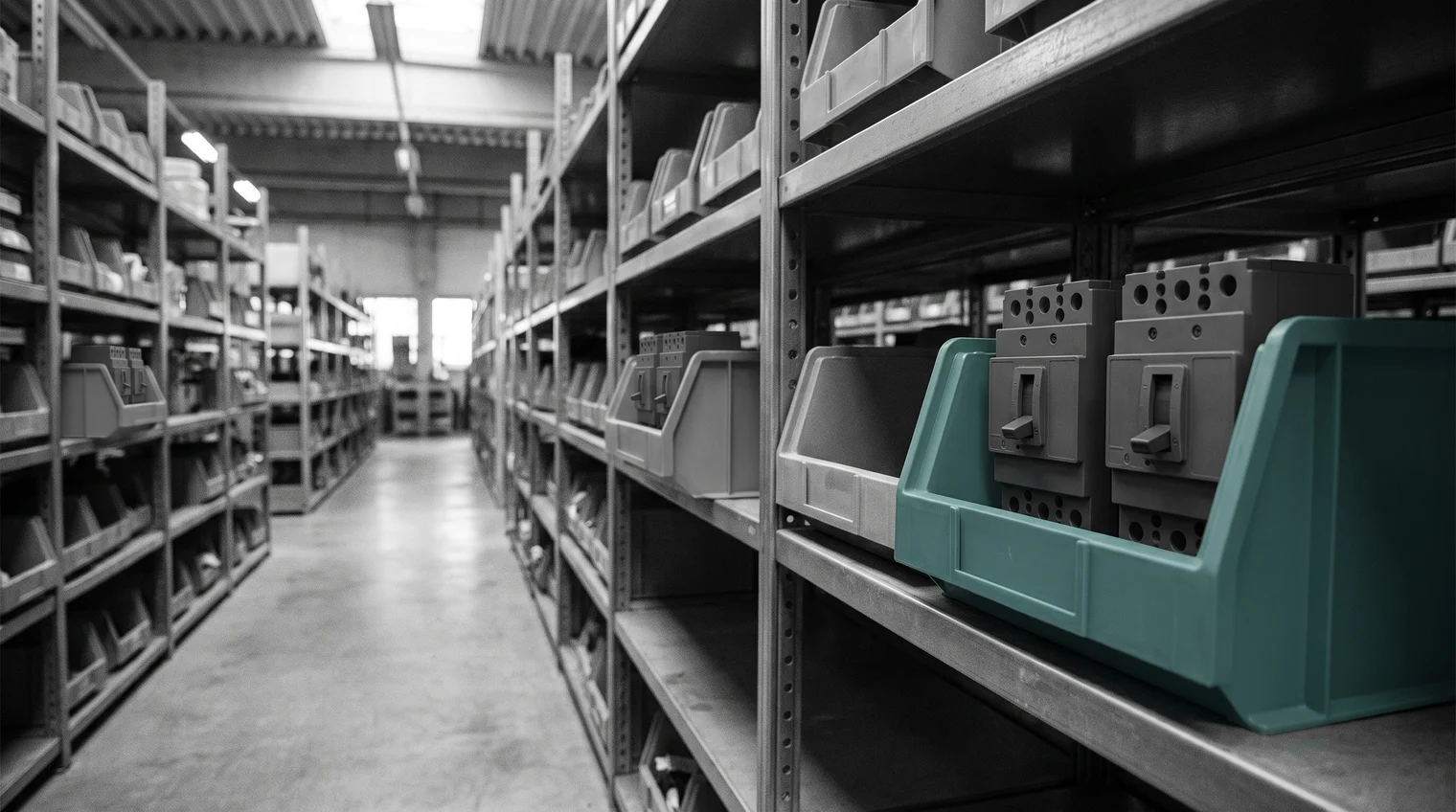 A storeroom aisle where the same circuit breaker sits in two bins on the shelves, an empty bin between them