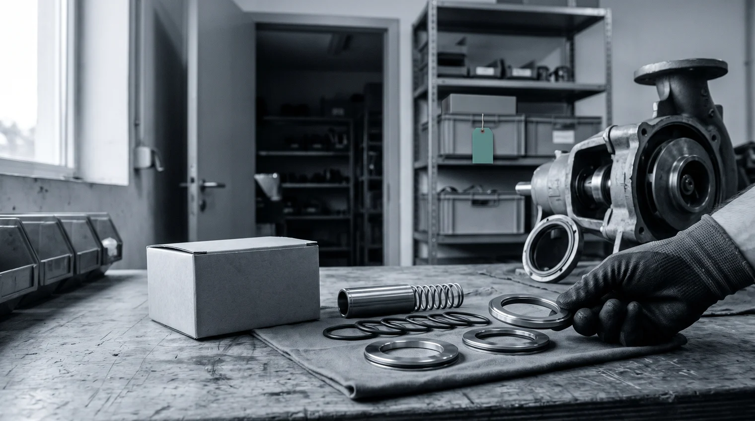 A pump seal kit laid out on a workbench beside the opened pump, the same kit already in a bin on the storeroom shelf behind