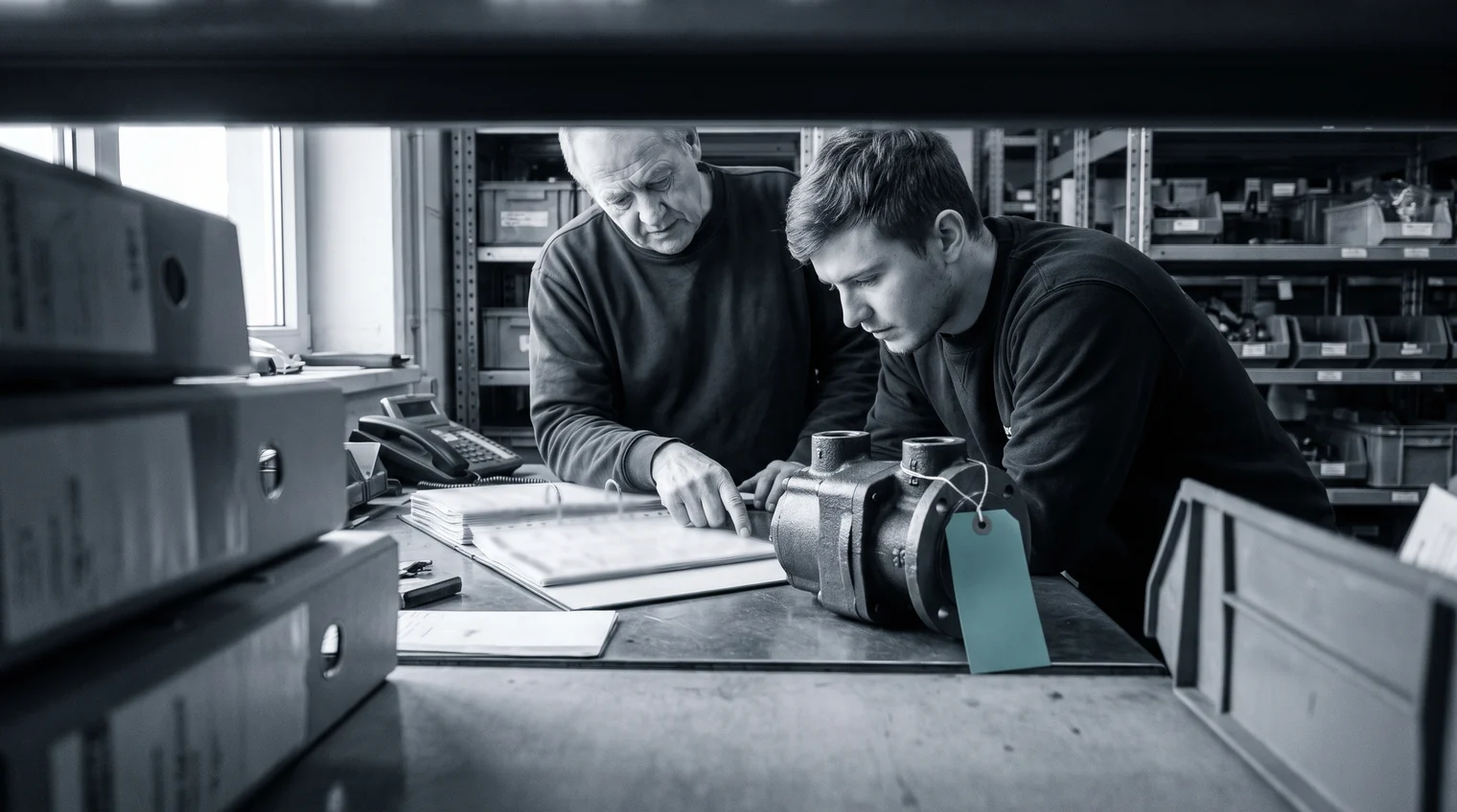 Two parts-desk colleagues, one older and one younger, look at a gear pump and an old parts list, seen through a shelf of binders