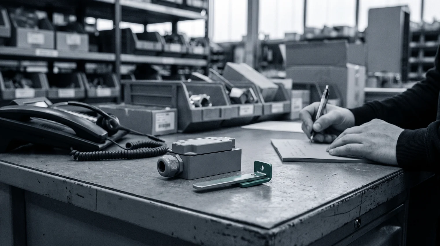 A safety door switch and its actuator, returned by a customer, on a parts hotline desk beside a desk phone and headset, a hand taking notes