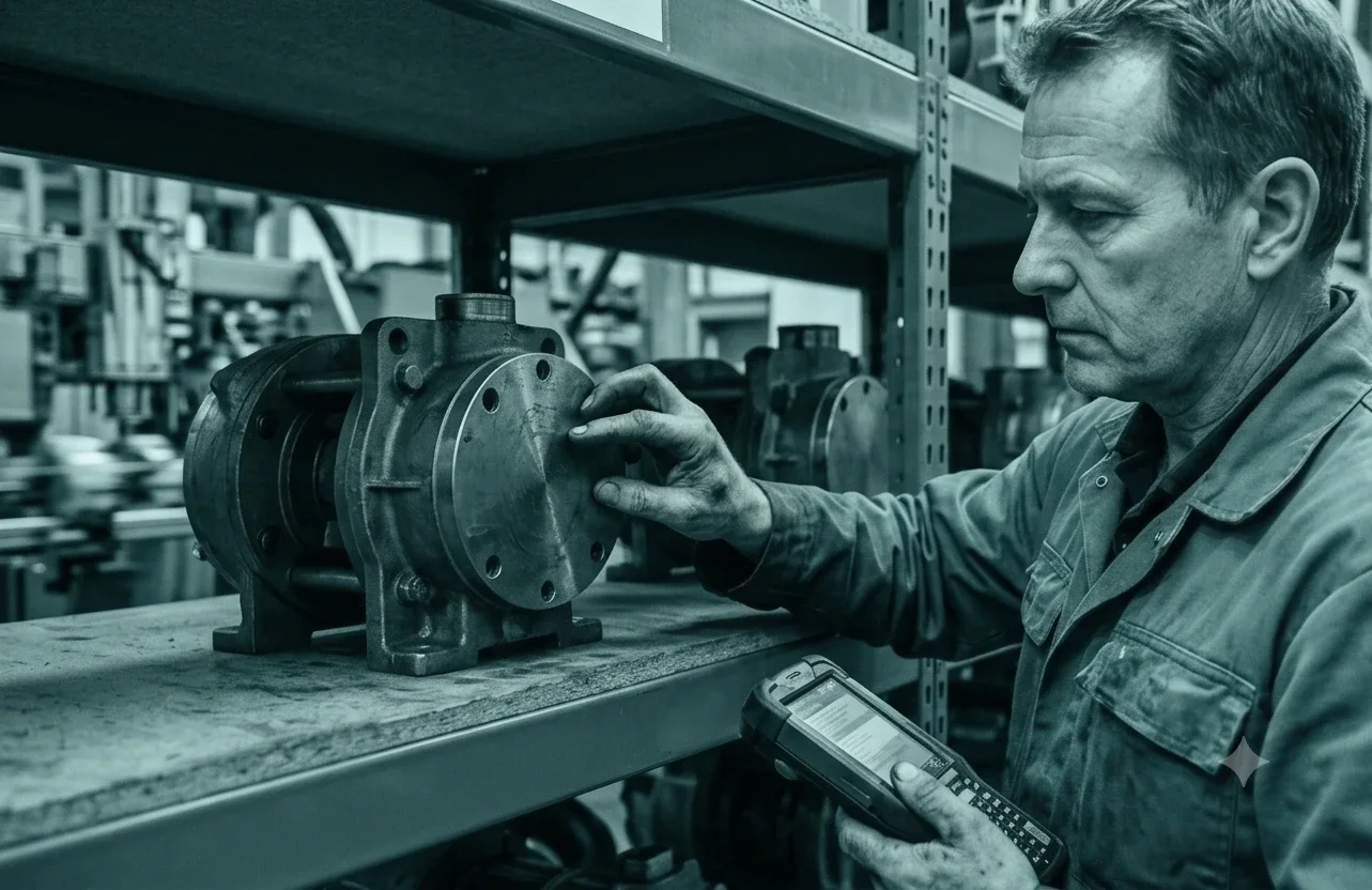 A technician at a storeroom shelf checks a pump against the handheld in his hand, the production lines running behind him