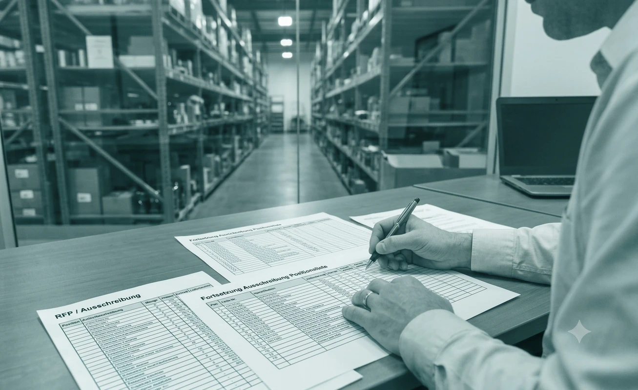 A buyer marks up the item list of an RFP at a desk, the spare parts warehouse behind the glass