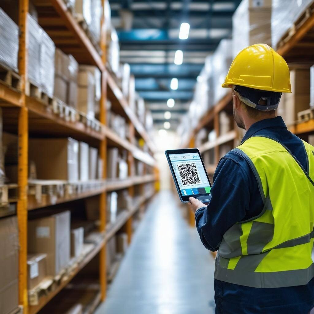 Spare parts technician searching a QR code on his mobile device to find the part he is looking for in the warehouse