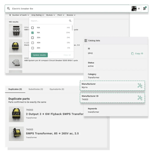 Partium search results showing part filters, catalog data, and duplicate part detection for an electric breaker