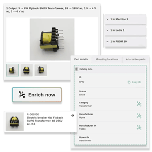 Detailed part view in Partium showing catalog data, enrichment option, and usage across machines