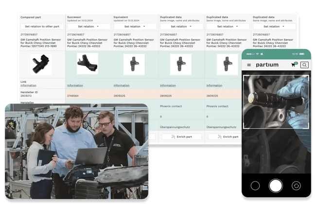 Team using Partium to detect duplicate and related parts with visual part matching and mobile identification tools