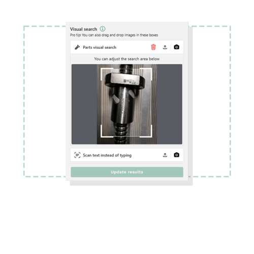 Partium visual search interface identifying a machine part through image upload