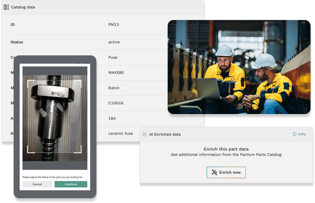 Technicians using Partium to enrich part data with AI, showing scanned part image, catalog fields, and enrichment feature interface